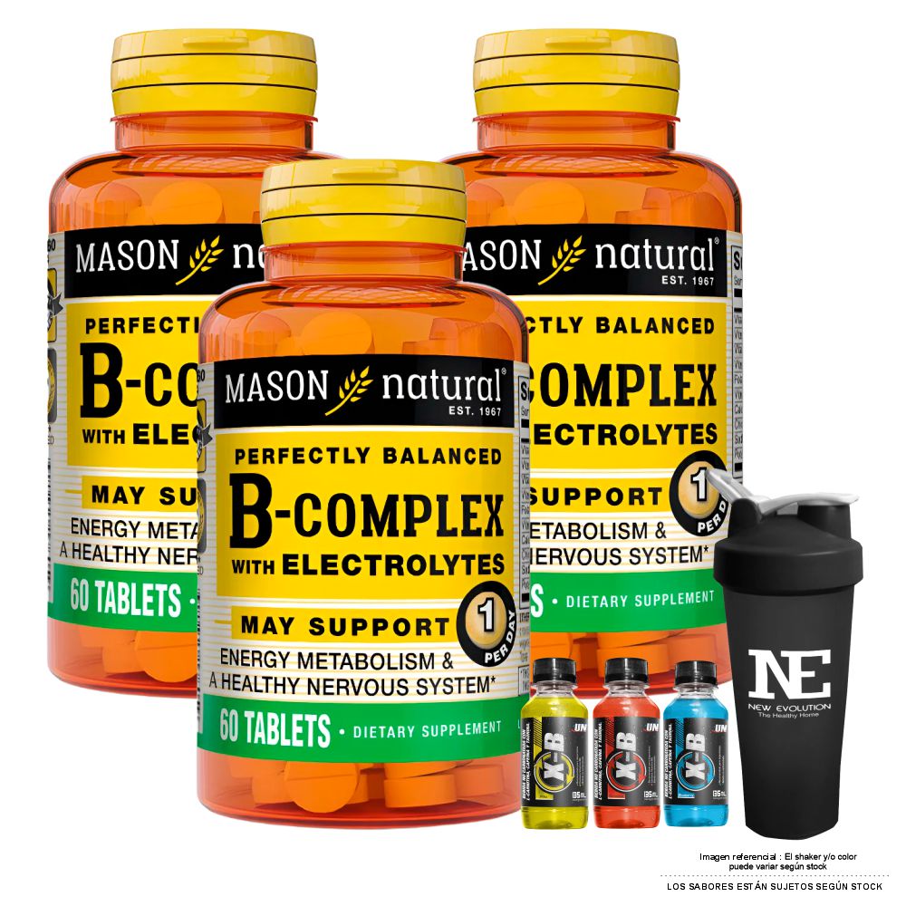 COMBO VITAMINAS MASON NATURAL - 3 COMPLEJO B CON ELECTROLITOS (60 TAB) + SHAKER