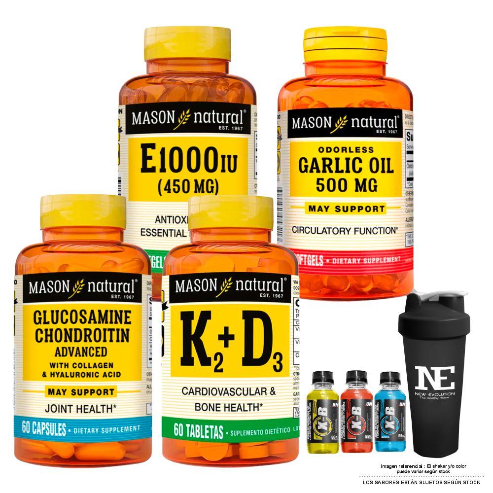 COMBO MASON-  VITAMINA E-1000 UI + ACEITE DE AJO + GLUCOSAMINA CONDROITINA + VITAMINA K2+D3 + SHAKER