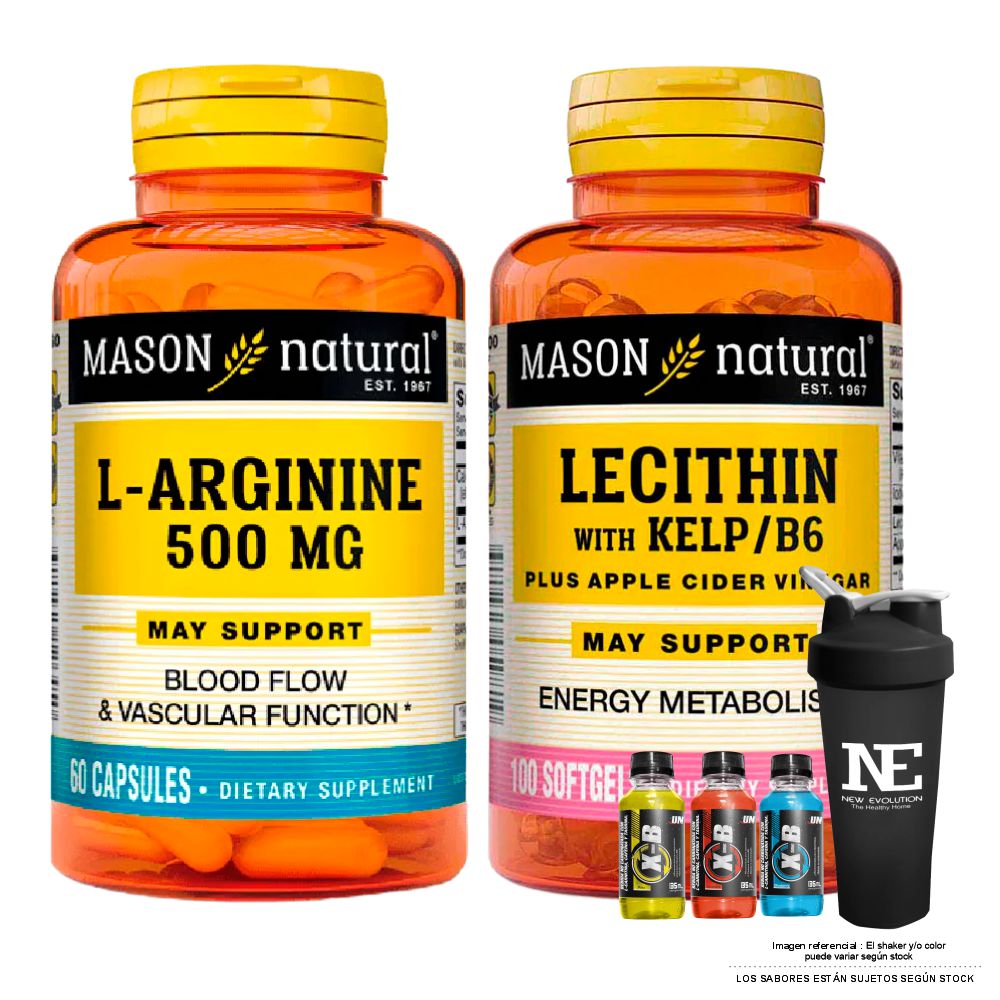 COMBO VITAMINAS MASON NATURAL - L-ARGININA 500 MG (60 CAP) + LECITINA KELP B6 (100 SOFTG) + SHAKER