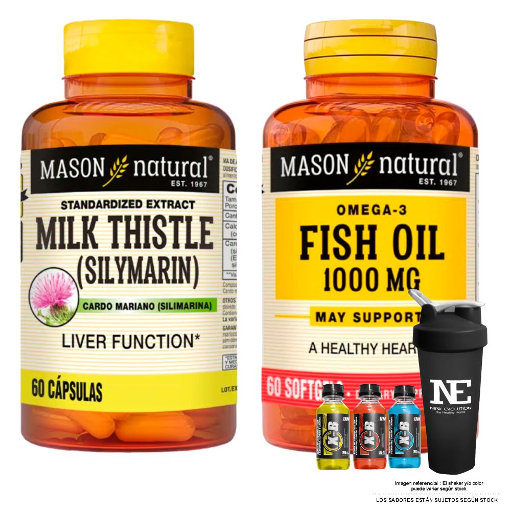 COMBO VITAMINAS MASON NATURAL - SILIMARINA (MILK THISTLE) (60 CAP)+ OMEGA 3 FISH OIL 1000 MG +SHAKER