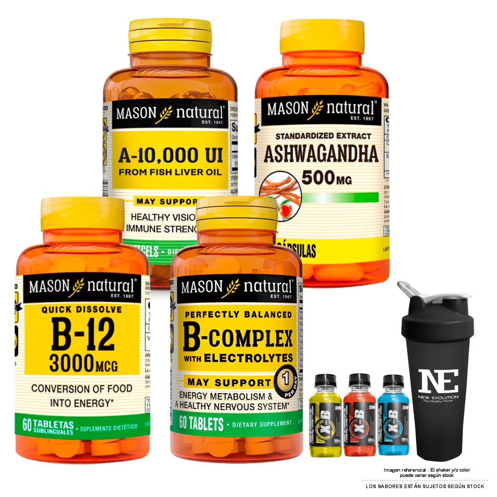 COMBO VITAMINAS MASON- VITAMINA A 10,000 UI +ASHWAGANDHA +VITAMINA B-12 3000MCG + COMPLEJO B +SHAKER