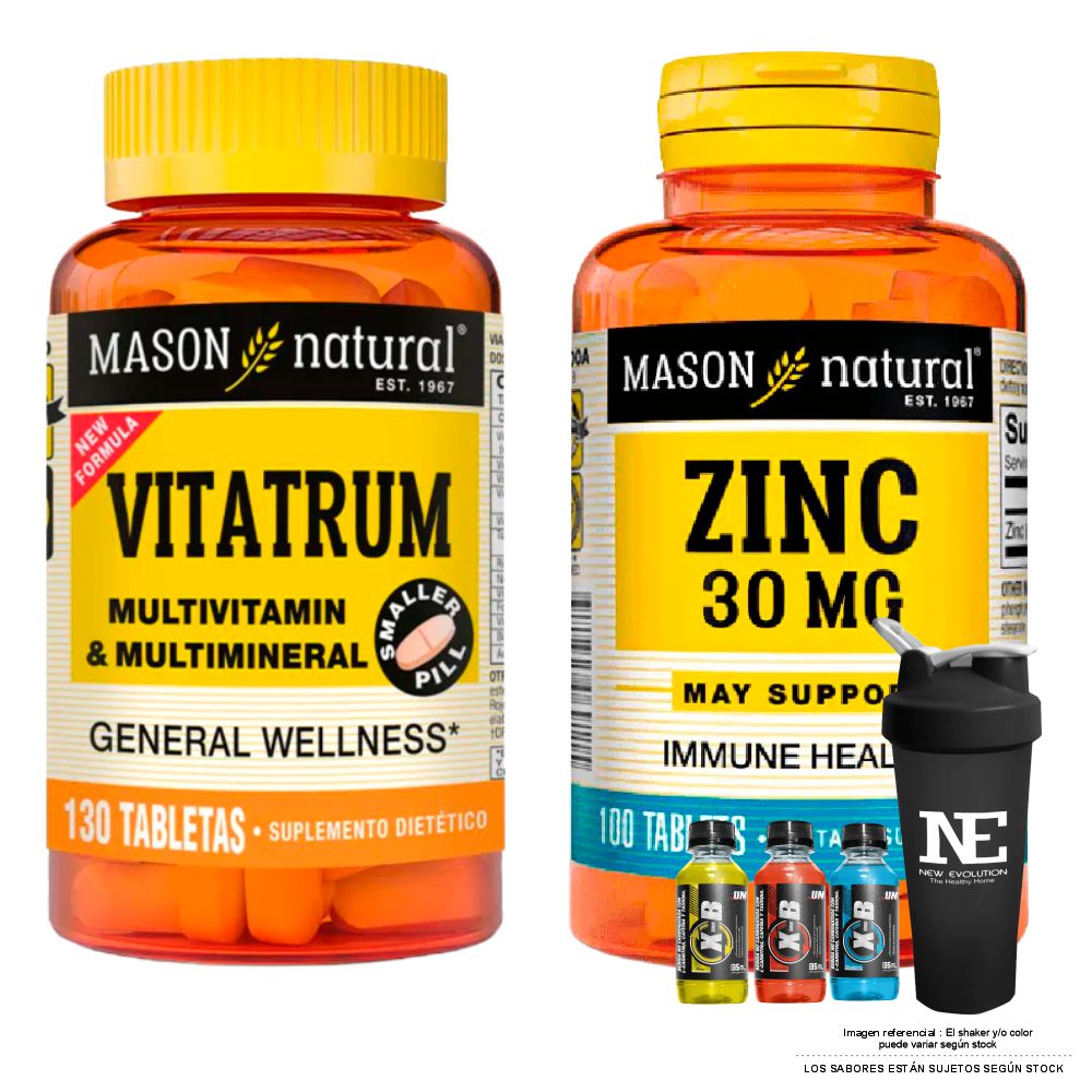 COMBO VITAMINAS MASON NATURAL - VITATRUM MULTIVITAMÍNICO & MULTIMINERAL (130 TAB)+ ZINC 30MG +SHAKER