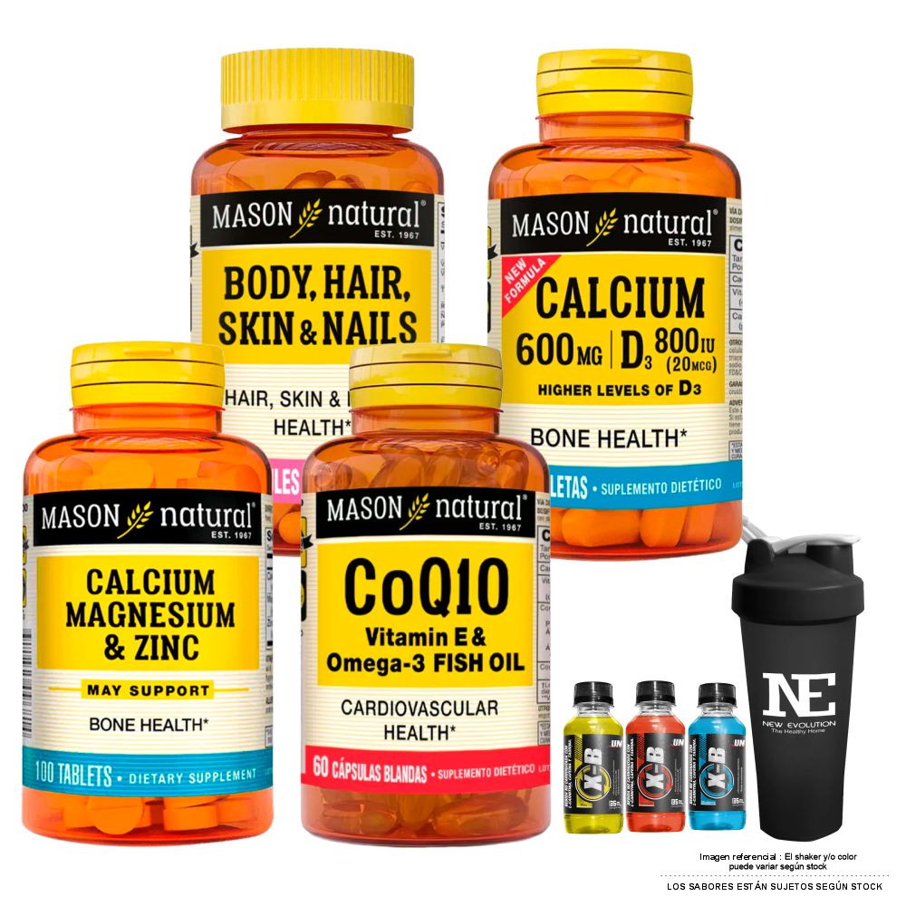 COMBO MASON- MULTIVITA. PARA CABELLO + CALCIO 600MG D3 800IU +CALCIO,MAGNESIO Y ZINC + CoQ10 +SHAKER