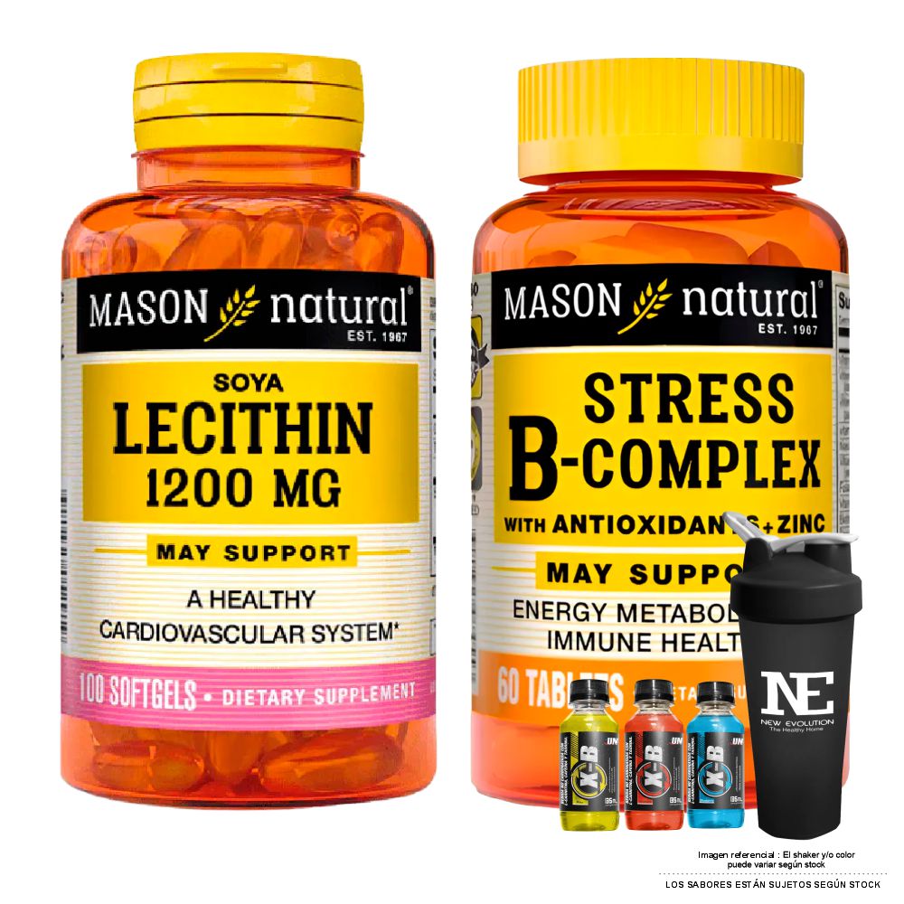 COMBO VITAMINAS MASON NATURAL- LECITINA DE SOYA + STRESS FORMULA B-COMPLEX CON ANTIOXIDANTES +SHAKER