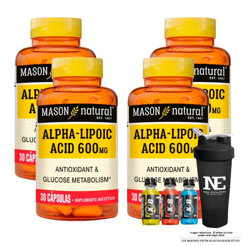 COMBO VITAMINAS MASON NATURAL - 4 ÁCIDO ALFA LIPOICO 600 MG (30 CAP) + SHAKER