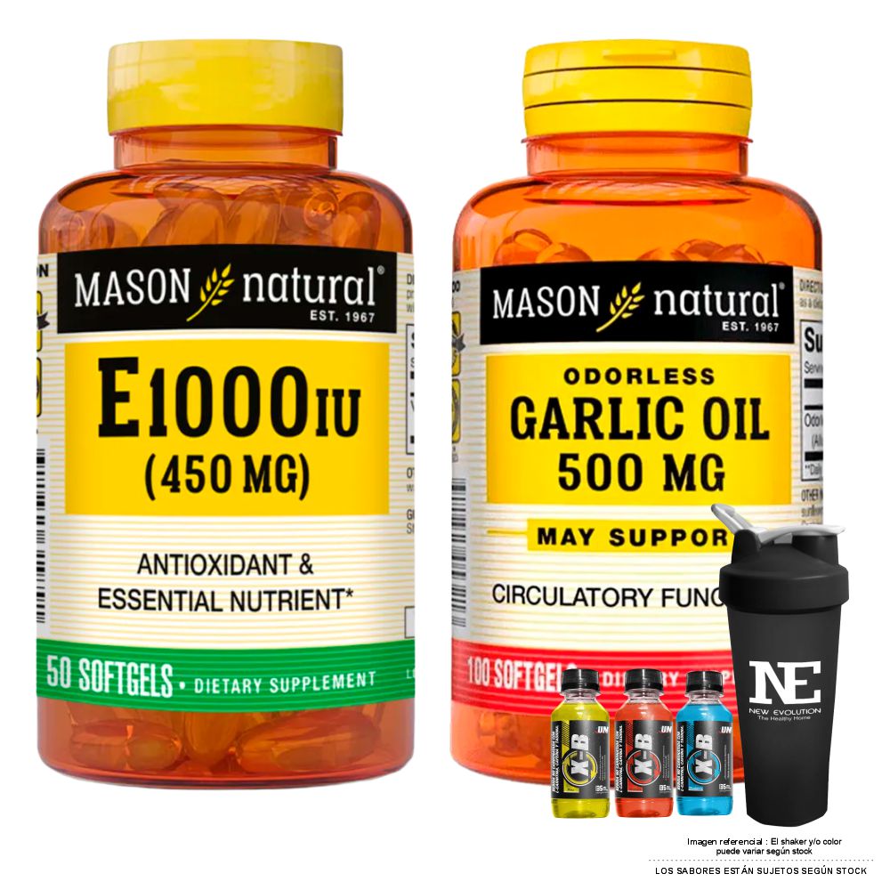 COMBO VITAMINAS MASON NATURAL - VITAMINA E-1000 UI (450 MG) (50 SOFTG)+ ACEITE DE AJO 500 MG +SHAKER