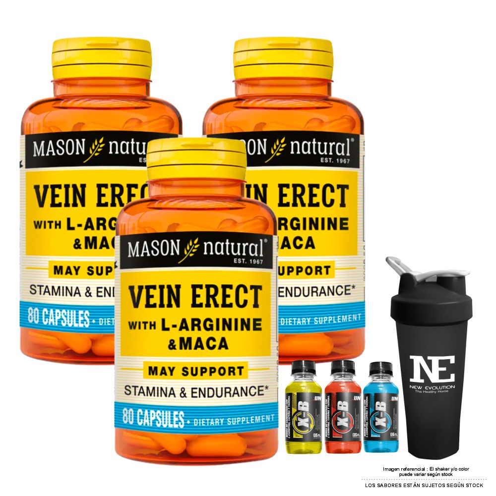 COMBO VITAMINAS MASON NATURAL - 3 VEIN ERECT MACA + L-ARGININA (80 CAP) + SHAKER
