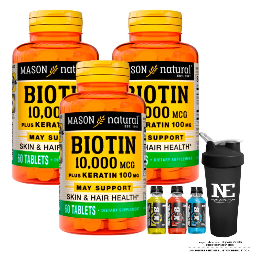 COMBO VITAMINAS MASON NATURAL - 3 BIOTINA 10,000 PLUS KERATINA 100 MG (60 TAB) + SHAKER