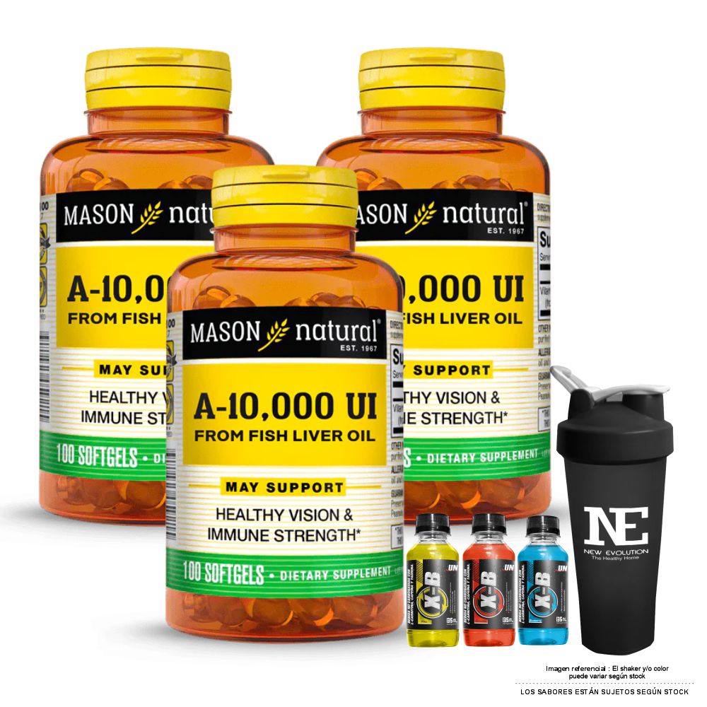 COMBO VITAMINAS MASON NATURAL - 3 VITAMINA A 10,000 UI FROM FISH LIVER OIL (100 SOFTG) + SHAKER