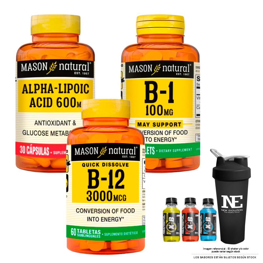 COMBO VITAMINAS MASON NATURAL- ÁCIDO ALFA LIPOICO 600 MG+ VITAMINA B-1 100MG + VITAMINA B-12 +SHAKER