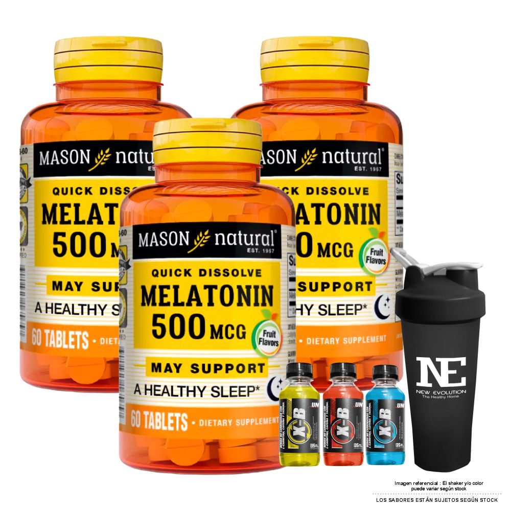 COMBO VITAMINAS MASON NATURAL - 3 MELATONINA 500 MCG (60 TAB SUBLINGUAL) + SHAKER