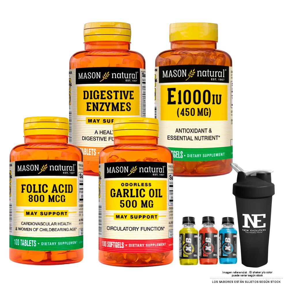 COMBO VITAMINAS MASON- ENZIMAS DIGESTIVAS + VITAMINA E-1000 UI +ÁCIDO FÓLICO + ACEITE DE AJO  SHAKER