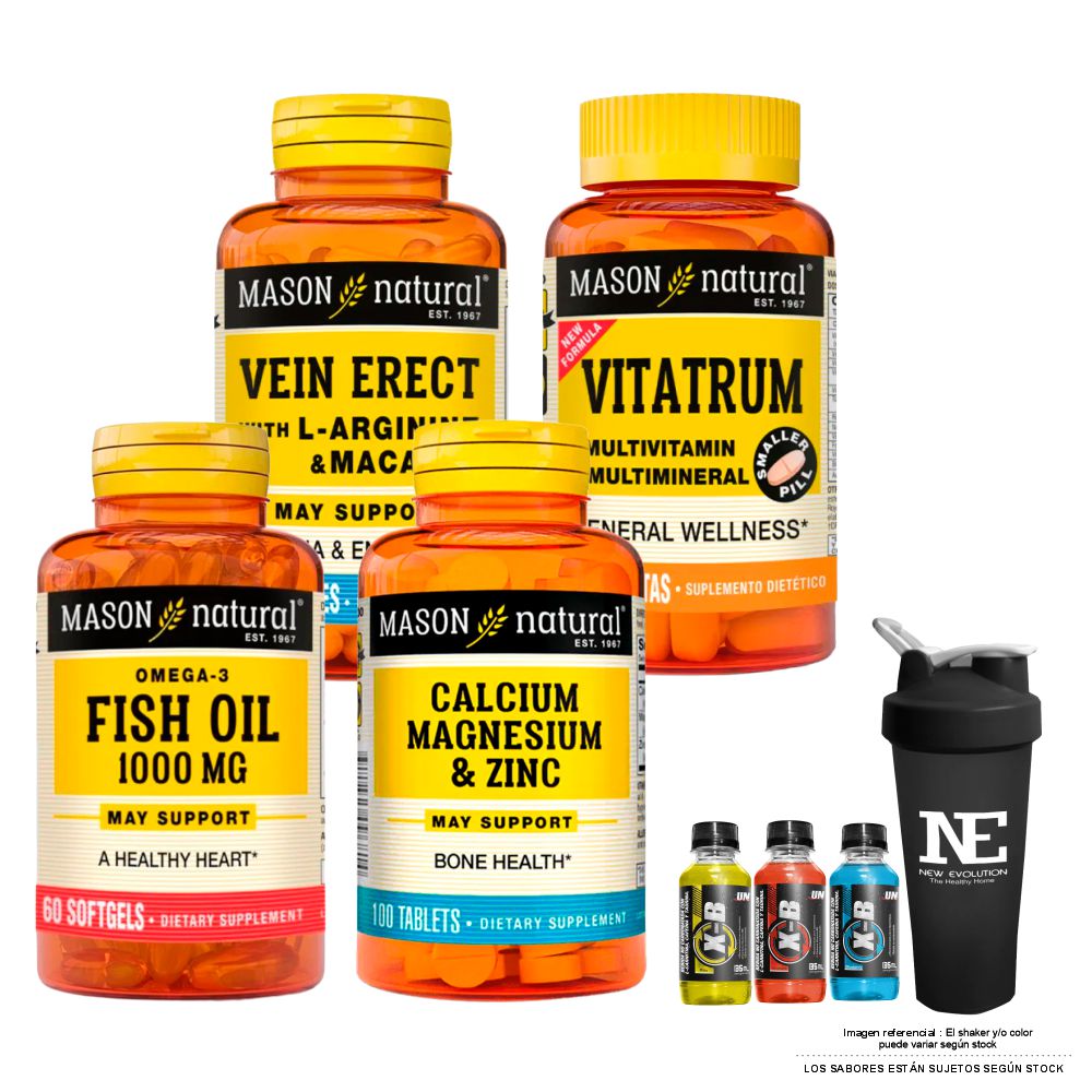 COMBO MASON- VEIN ERECT MACA +VITATRUM MULTIVITA. & MULTIMI.+ OMEGA 3 +CALCIO,MAGNESIO Y ZINC+SHAKER