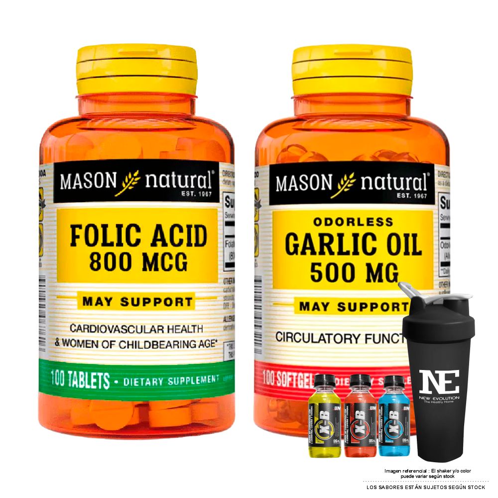 COMBO VITAMINAS MASON NATURAL -  ÁCIDO FÓLICO 800 MCG (100 TAB) + ACEITE DE AJO 500 MG + SHAKER