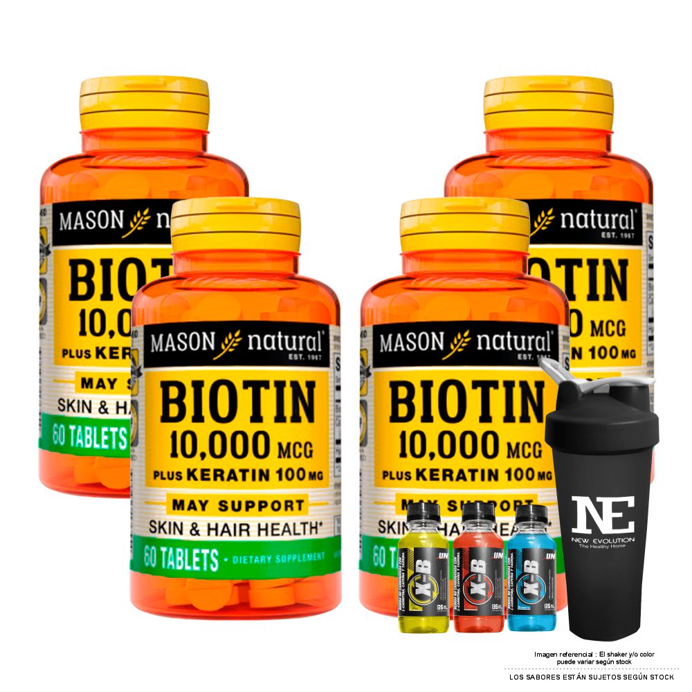COMBO VITAMINAS MASON NATURAL - 4 BIOTINA 10,000 PLUS KERATINA 100 MG (60 TAB) + SHAKER