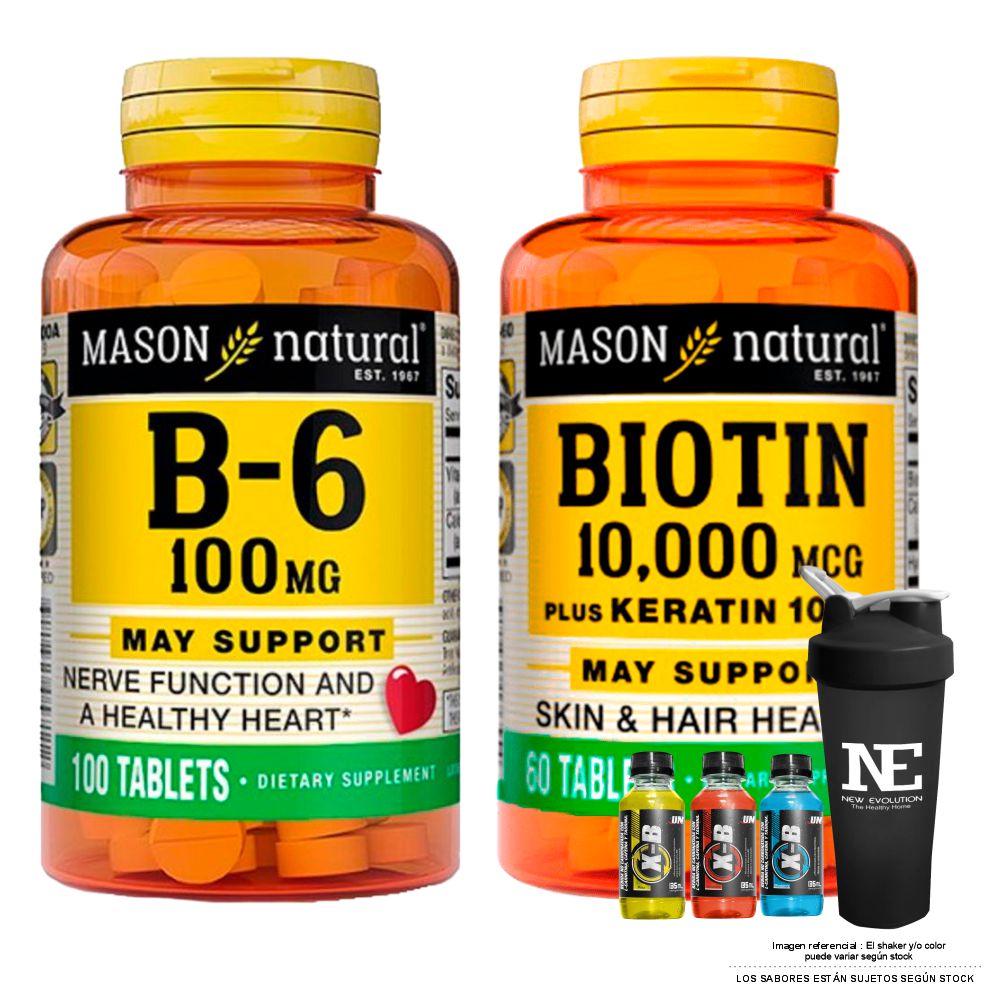 COMBO VITAMINAS MASON NATURAL - VITAMINA B-6 100 MG + BIOTINA 10,000 PLUS KERATINA 100 MG + SHAKER