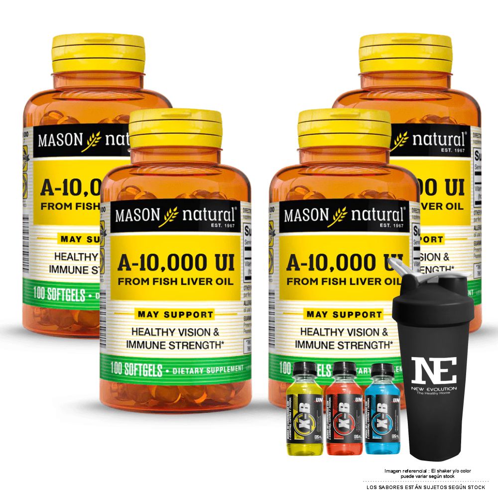 COMBO VITAMINAS MASON NATURAL - 4 VITAMINA A 10,000 UI FROM FISH LIVER OIL (100 SOFTG) + SHAKER
