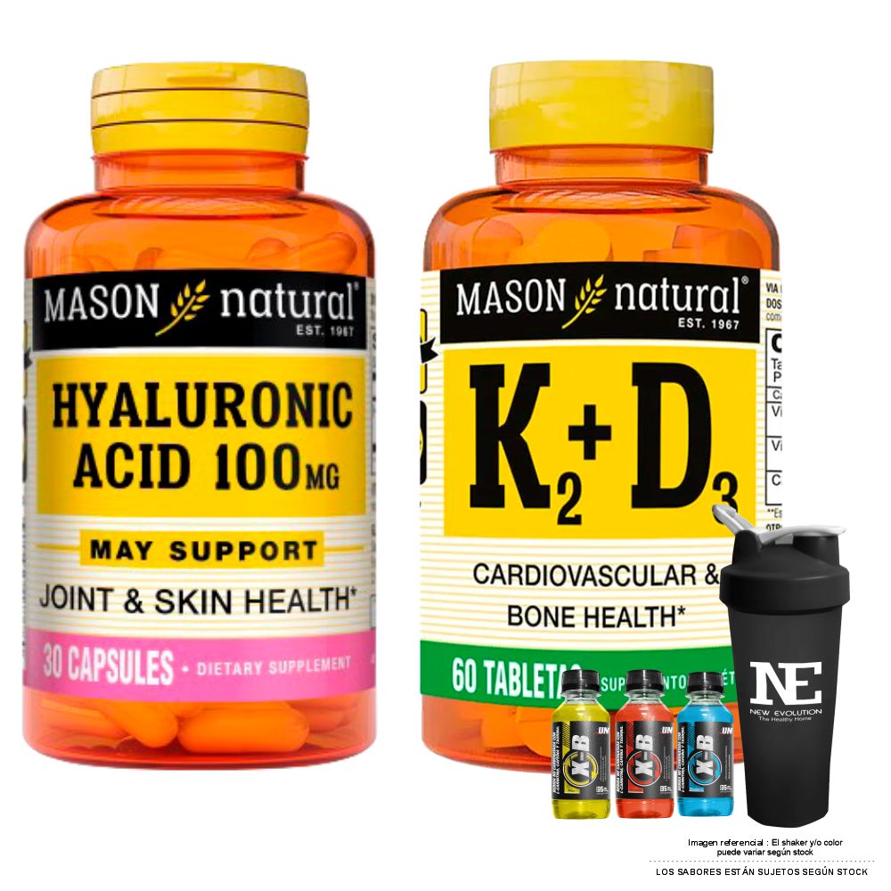 COMBO VITAMINAS MASON NATURAL -  ÁCIDO HIALURÓNICO 100 MG (30 CAP) + VITAMINA K2+D3 (60 TAB) +SHAKER