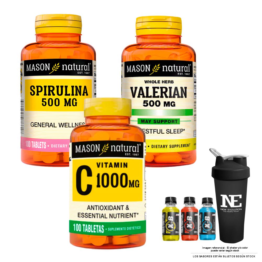 COMBO VITAMINAS MASON NATURAL - ESPIRULINA 500 MG + VALERIANA 500 MG + VITAMINA C-1000 MG + SHAKER