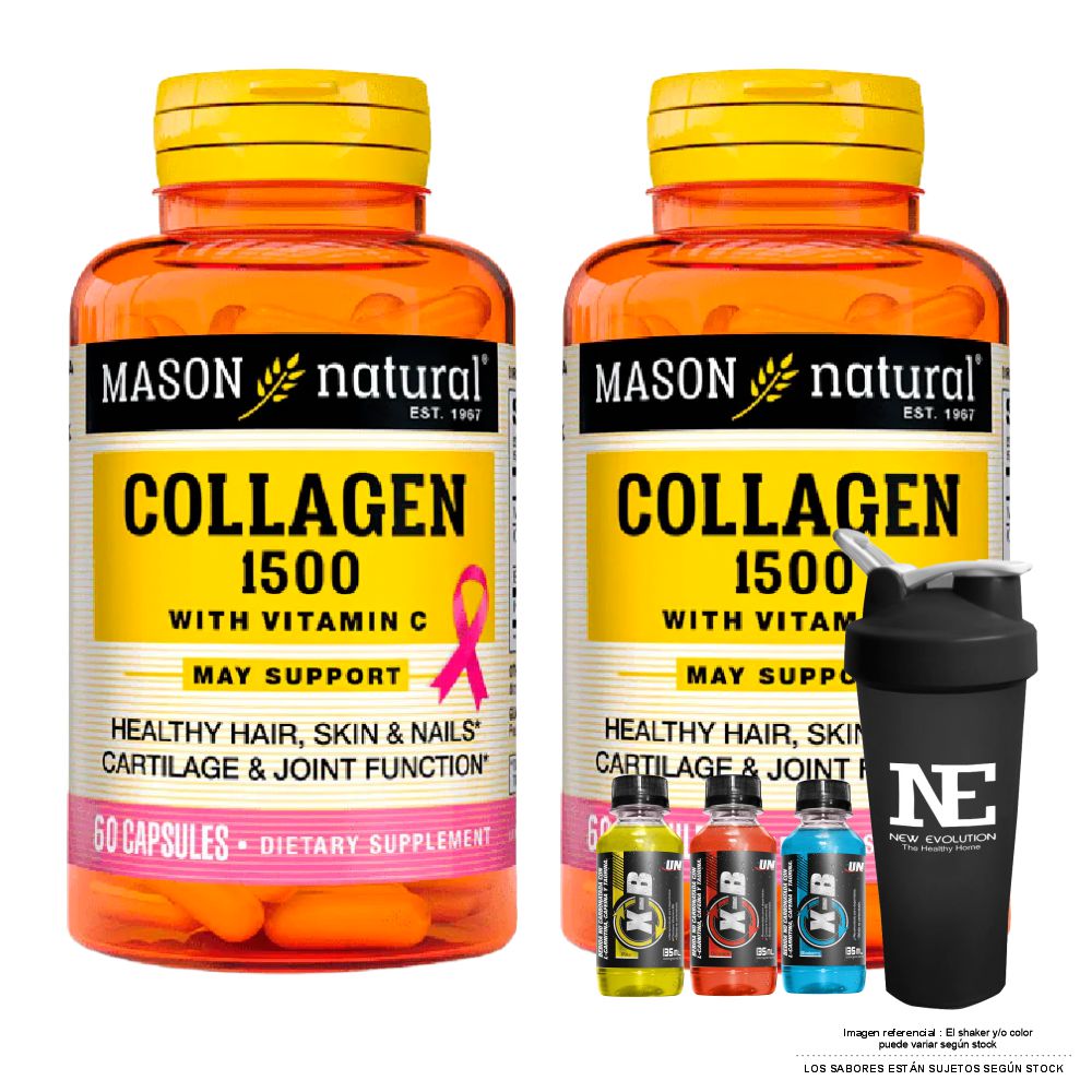 COMBO VITAMINAS MASON NATURAL - 2 COLÁGENO 1500 PLUS + BIOTINA + VITAMINA C (60 CAP) + SHAKER
