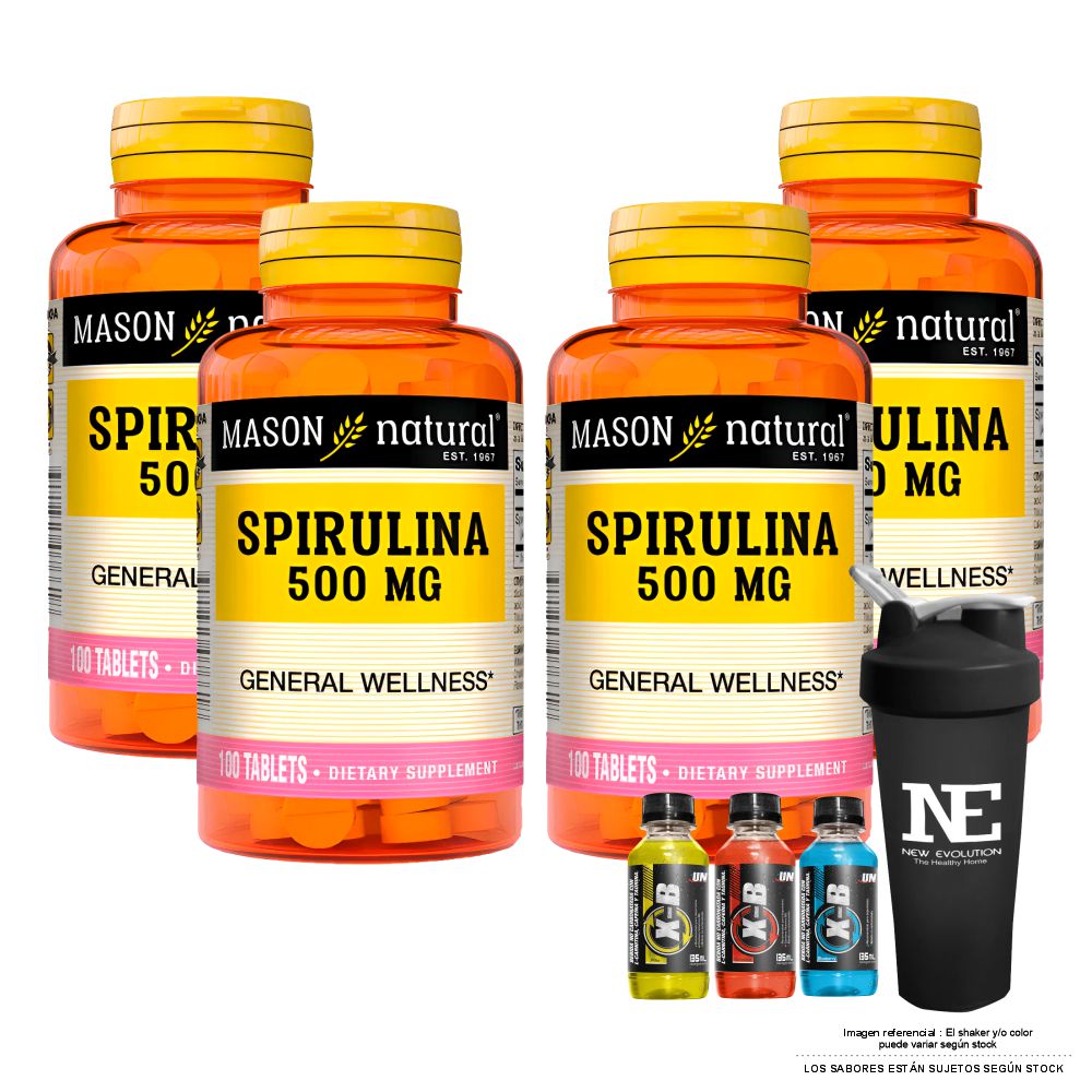 COMBO VITAMINAS MASON NATURAL - 4 ESPIRULINA 500 MG (100 TAB) + SHAKER