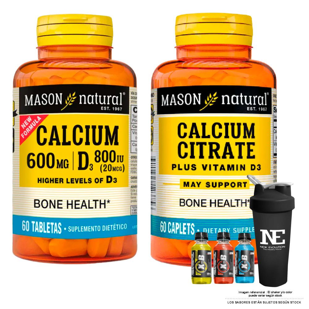 COMBO VITAMINAS MASON NATURAL - CALCIO 600MG D3 800IU + CITRATO DE CALCIO CON VITAMINA D3 + SHAKER