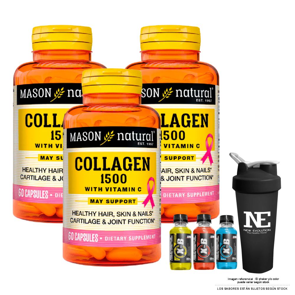 COMBO VITAMINAS MASON NATURAL - 3 COLÁGENO 1500 PLUS + BIOTINA + VITAMINA C (60 CAP) + SHAKER