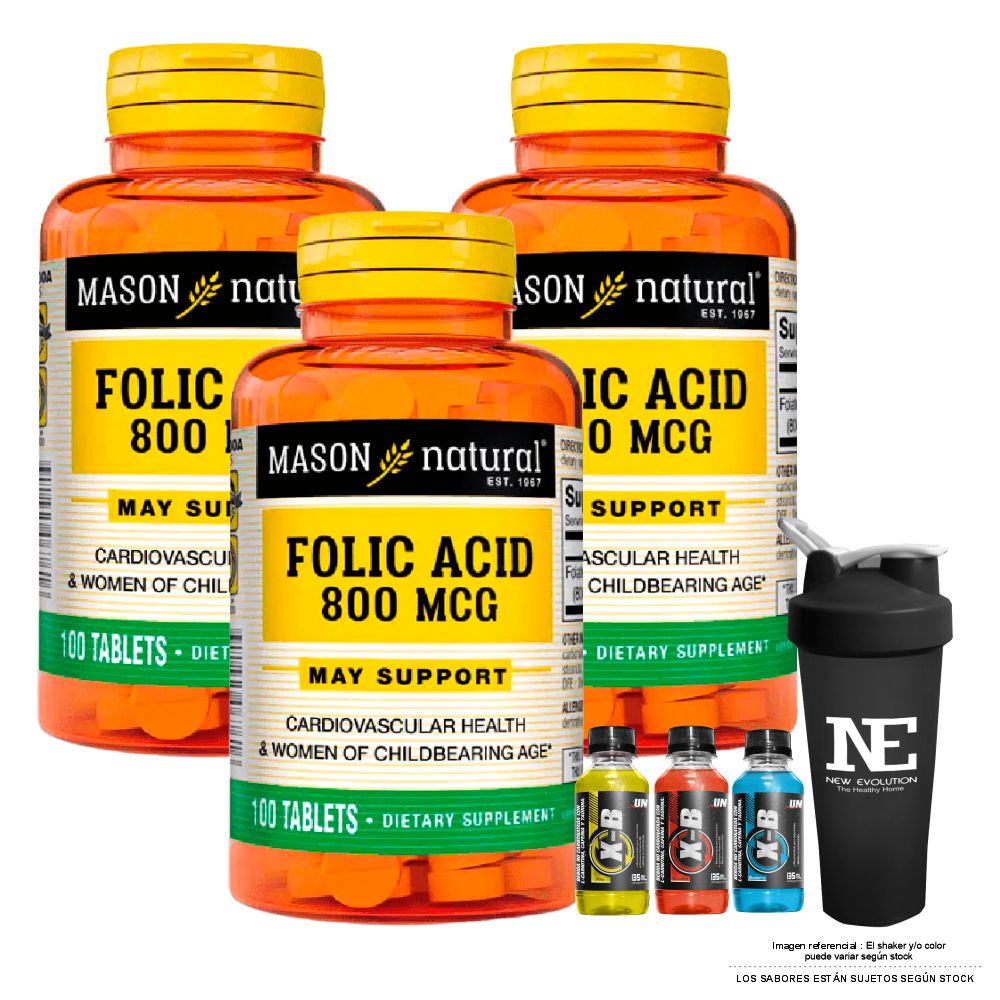COMBO VITAMINAS MASON NATURAL - 3 ÁCIDO FÓLICO 800 MCG (100 TAB) + SHAKER