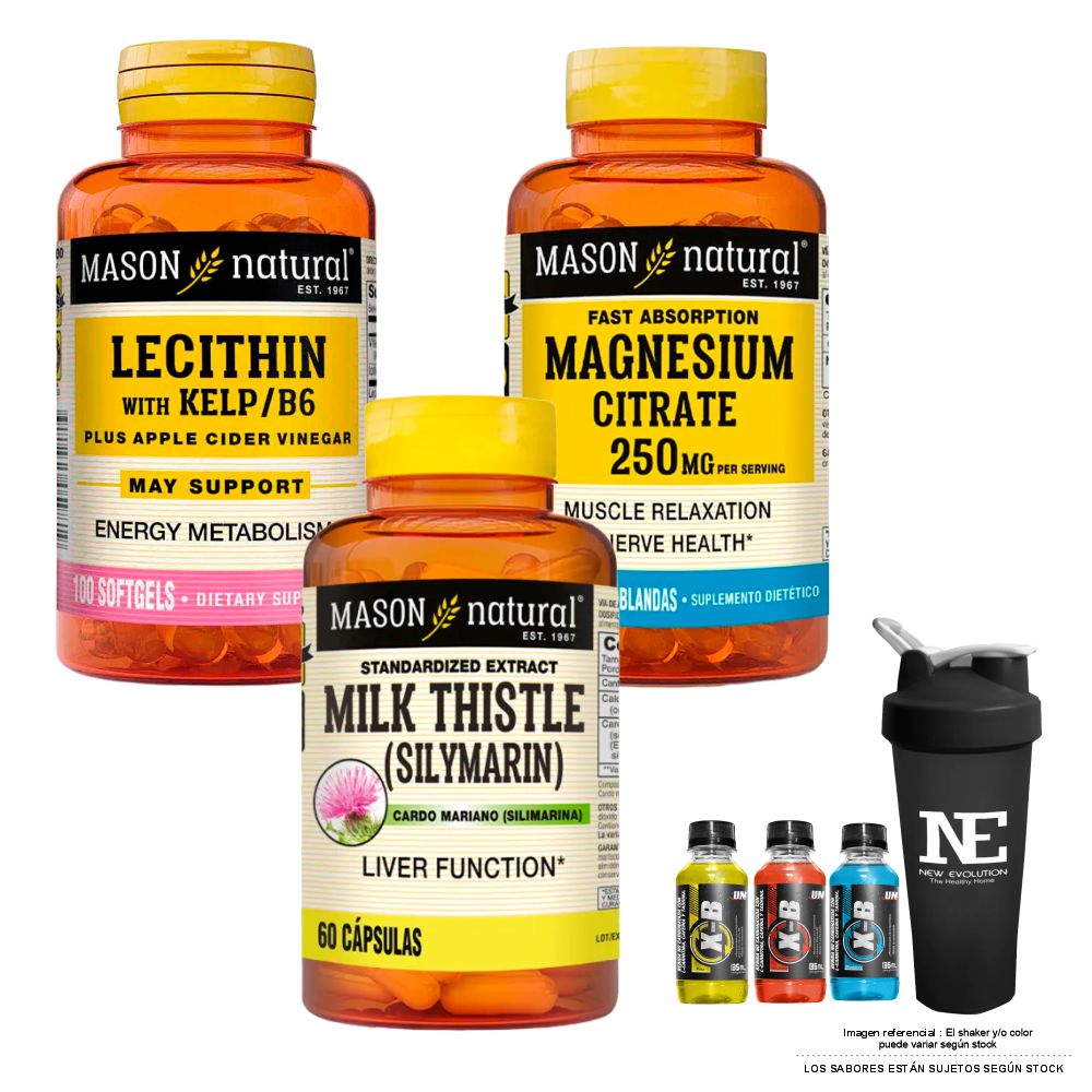 COMBO VITAMINAS MASON NATURAL- LECITINA KELP B6 (100 SOFTG)+ CITRATO DE MAGNESIO+ SILIMARINA +SHAKER