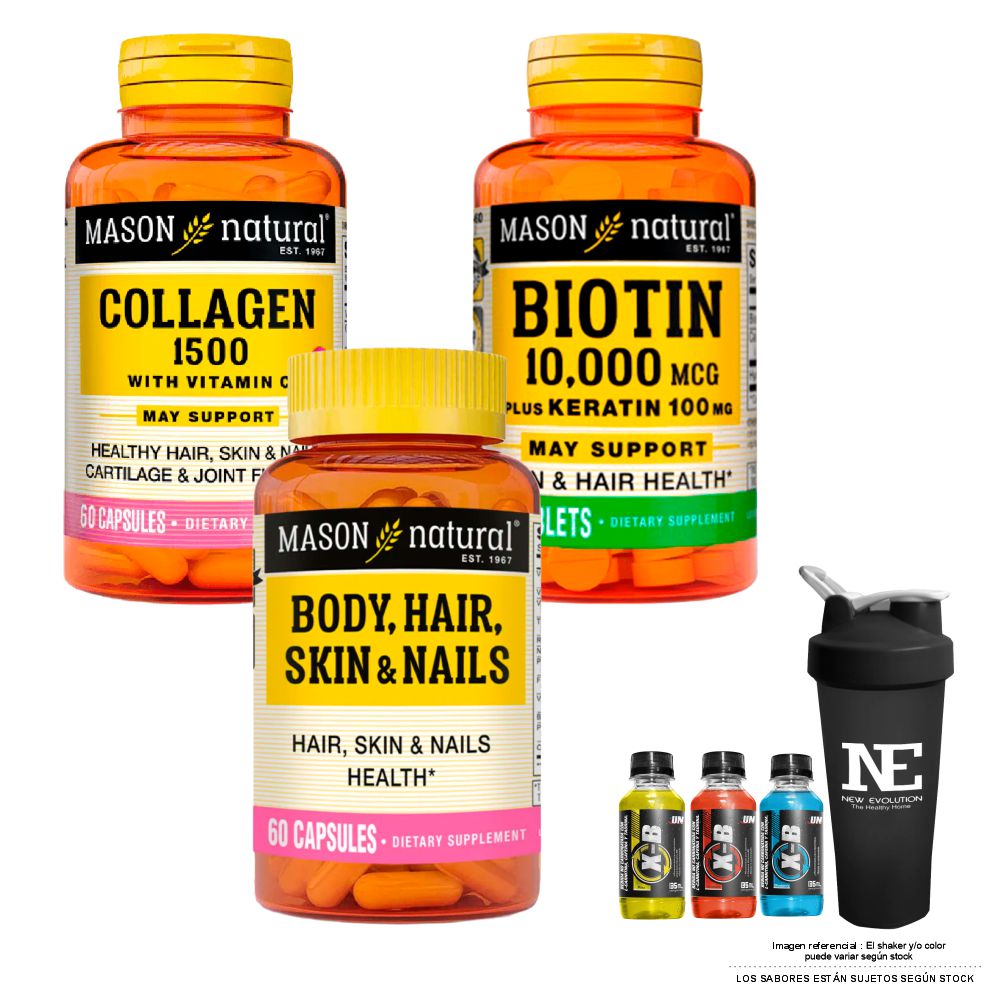 COMBO VITAMINAS MASON- COLÁGENO 1500 PLUS+ BIOTINA 10,000 PLUS+ MULTIVITAMÍNICO PARA CABELLO +SHAKER