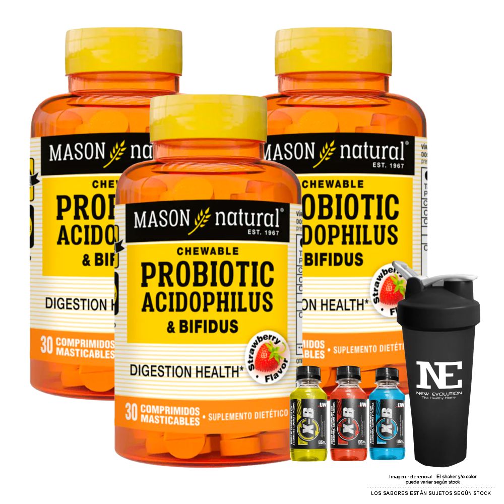COMBO VITAMINAS MASON NATURAL - 3 PROBIÓTICO ACIDOPHILUS & BIFIDUS (30 COMP MAST) + SHAKER