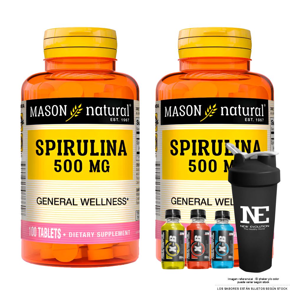 COMBO VITAMINAS MASON NATURAL - 2 ESPIRULINA 500 MG (100 TAB) + SHAKER