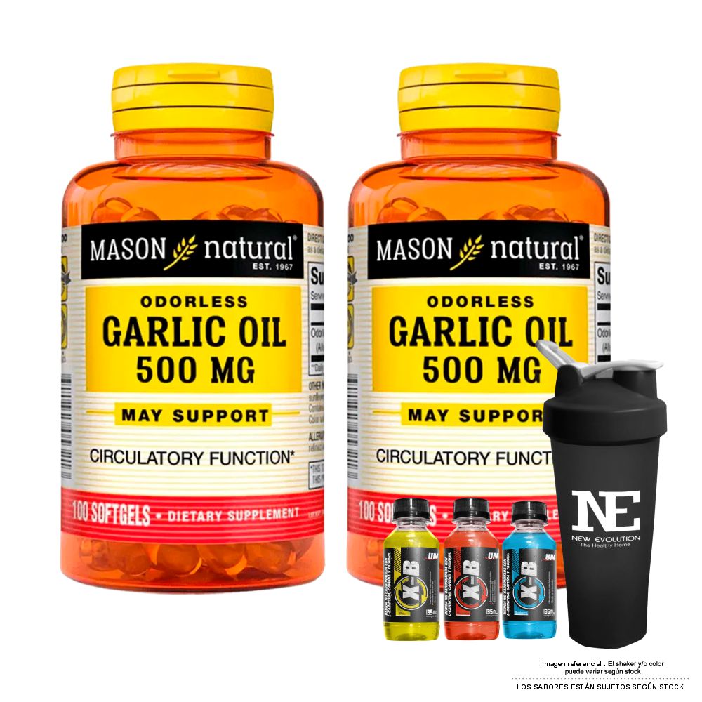COMBO VITAMINAS MASON NATURAL - 2 ACEITE DE AJO 500 MG (100 SOFTG) + SHAKER