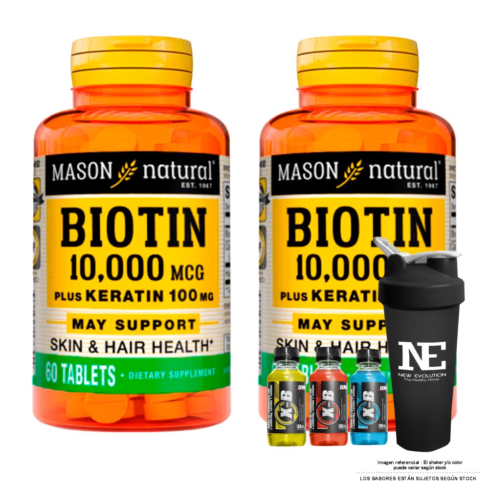 COMBO VITAMINAS MASON NATURAL - 2 BIOTINA 10,000 PLUS KERATINA 100 MG (60 TAB) + SHAKER