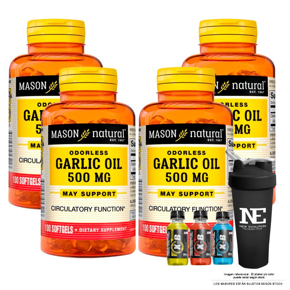 COMBO VITAMINAS MASON NATURAL - 4 ACEITE DE AJO 500 MG (100 SOFTG) + SHAKER