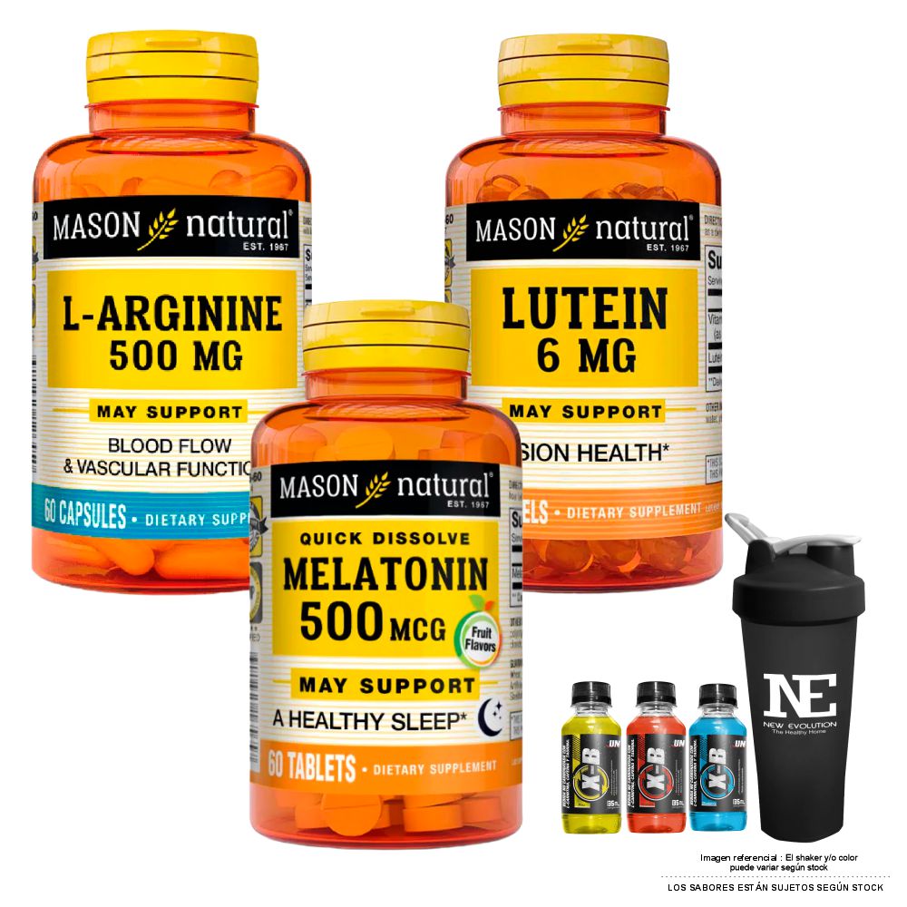 COMBO VITAMINAS MASON NATURAL- L-ARGININA 500 MG (60 CAP)+ LUTEÍNA 6 MG + MELATONINA 500 MCG +SHAKER