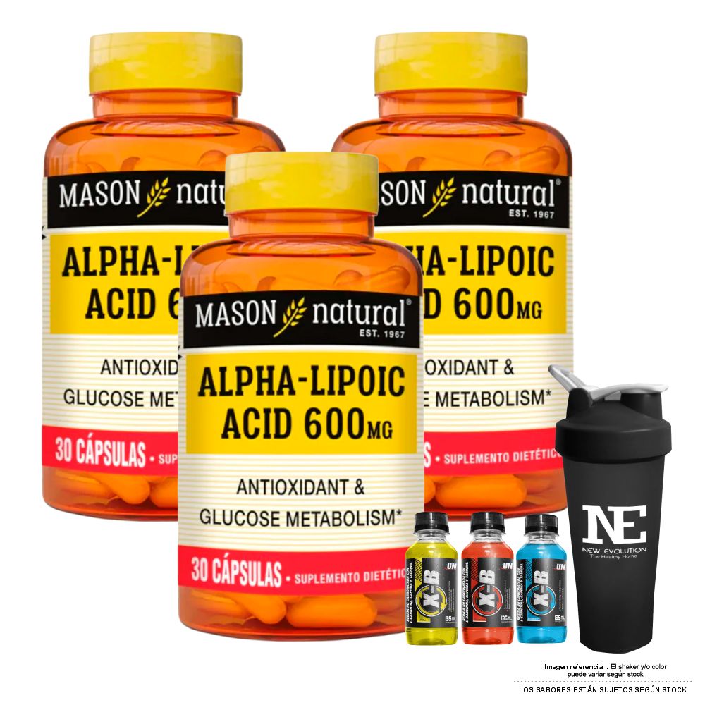 COMBO VITAMINAS MASON NATURAL - 3 ÁCIDO ALFA LIPOICO 600 MG (30 CAP) + SHAKER