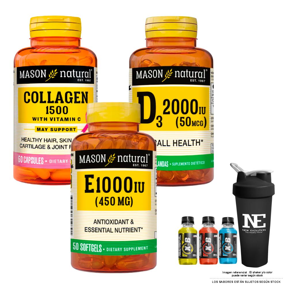 COMBO VITAMINA MASON NATURAL- COLÁGENO 1500 PLUS+VITAMINA C +D-3 2000 UI +VITAMINA E-1000 UI +SHAKER