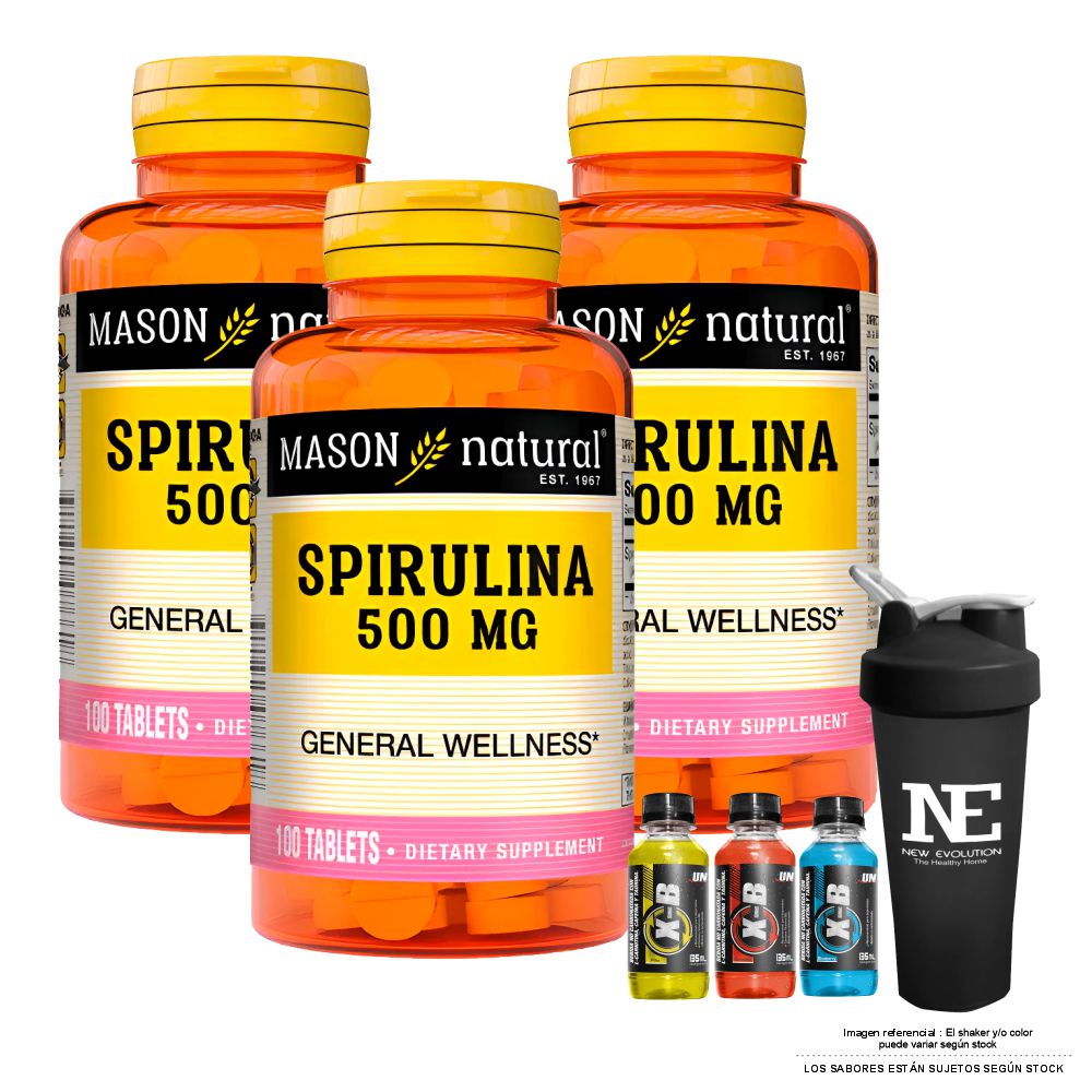 COMBO VITAMINAS MASON NATURAL - 3 ESPIRULINA 500 MG (100 TAB) + SHAKER