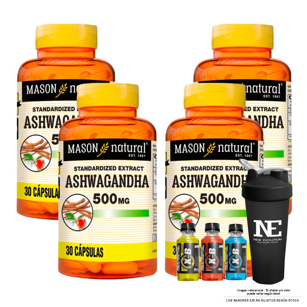 COMBO VITAMINAS MASON NATURAL - 4 ASHWAGANDHA 500 MG (30 CAP) + SHAKER
