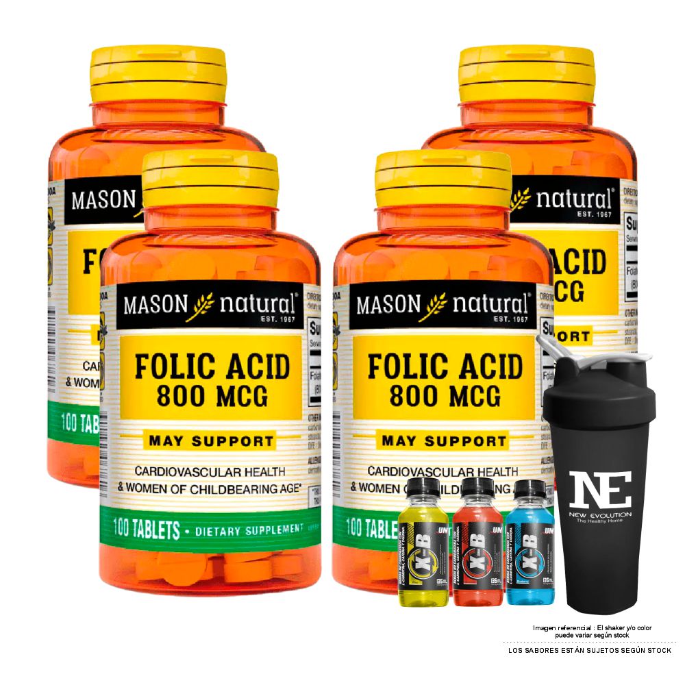 COMBO VITAMINAS MASON NATURAL - 4 ÁCIDO FÓLICO 800 MCG (100 TAB) + SHAKER