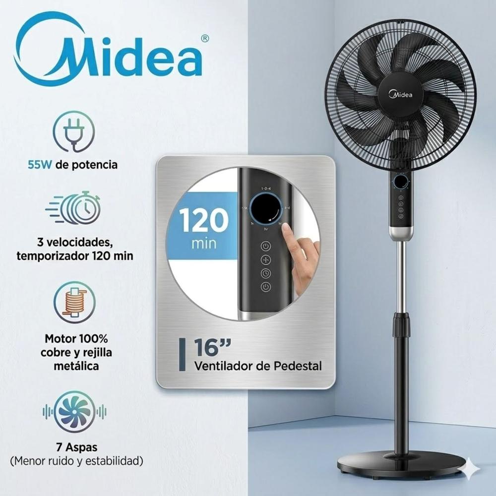 Ventilador pedestal con Temporizador Midea MFA164MB 3 velocidades