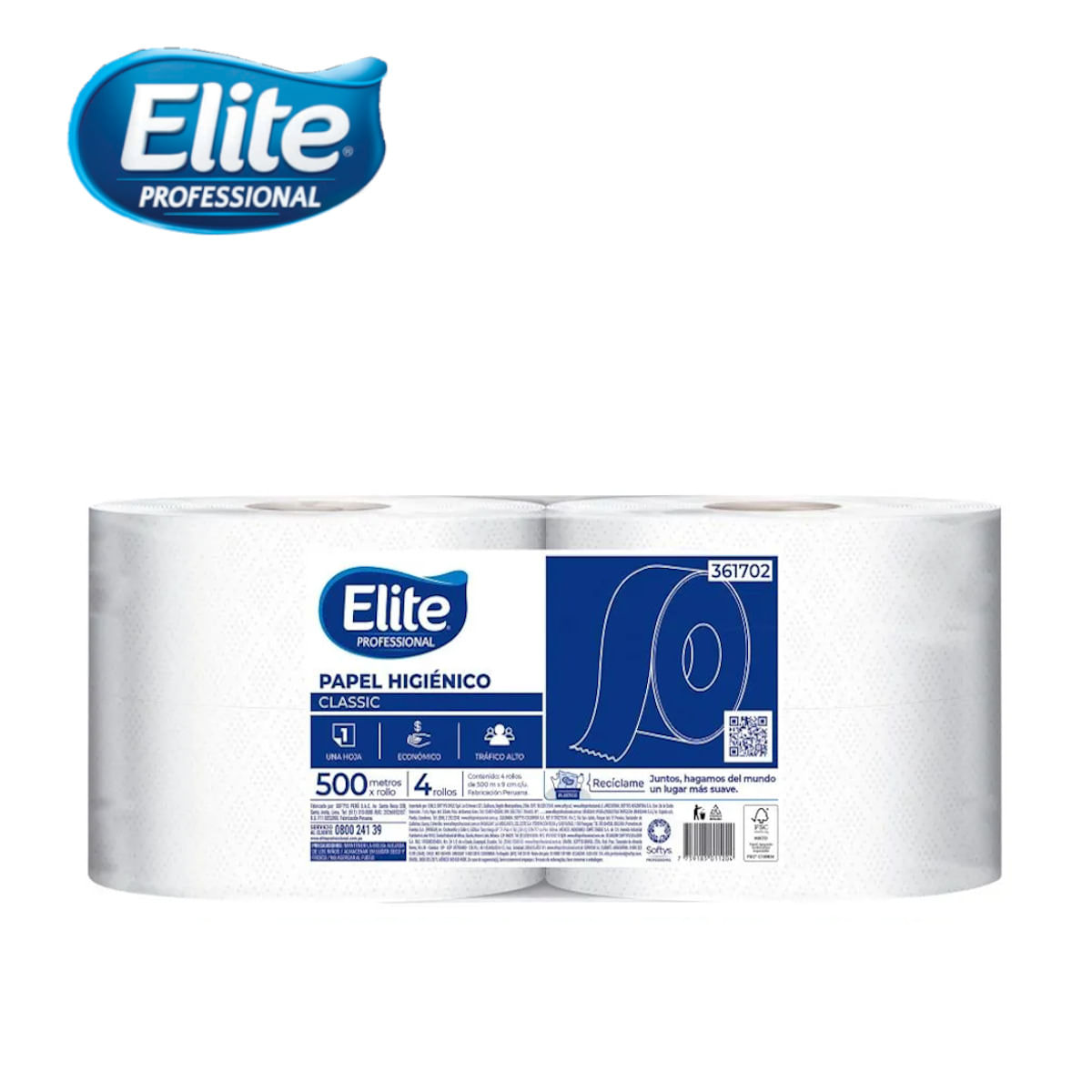 Papel Higiénico Elite Classic Una Hoja 500 Metros 4 Rollos