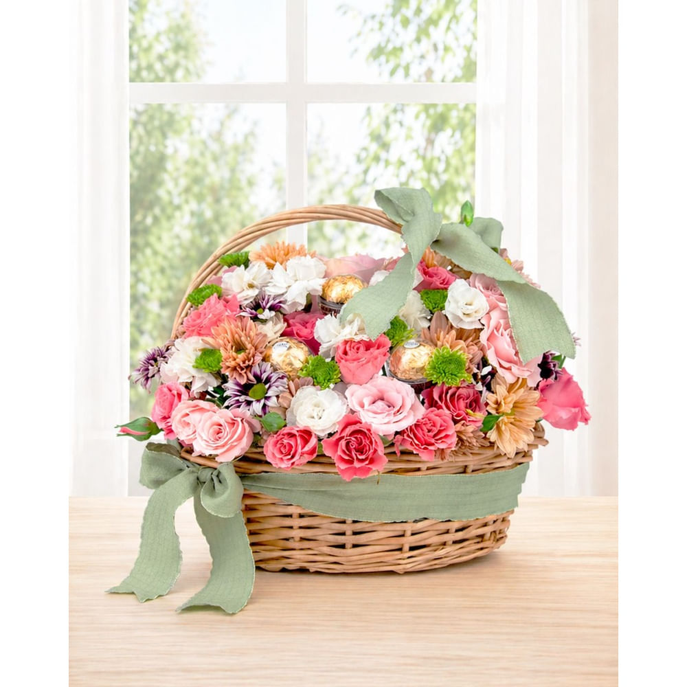 Arreglo Floral con Chocolates Ferrero Rocher para Mamá