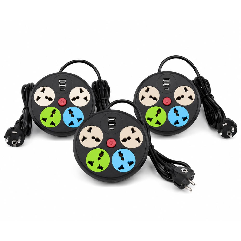 Pack 3 Enchufe Extensión 2m Multitoma Redonda USB 4 Tomas Universales Cable Largo