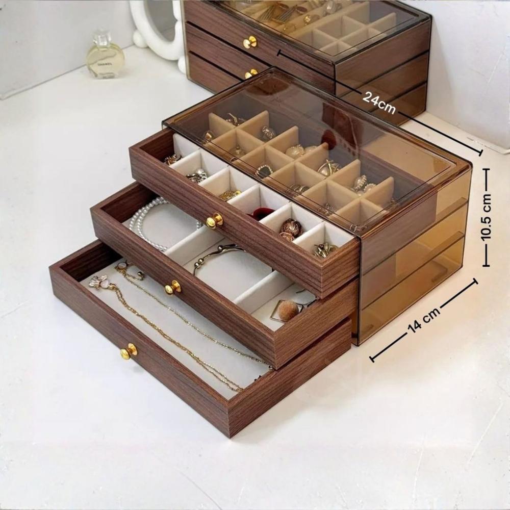Joyero Organizador 3 Niveles Efecto Madera y Tapa de Cristal