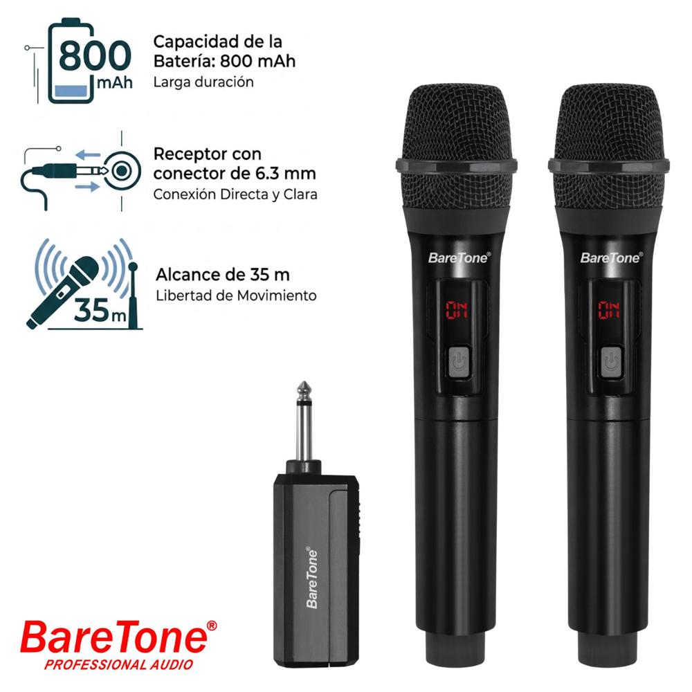 Pack de 02 Micrófono Inalámbrico Baretone WM2402 Alcance 35 metros
