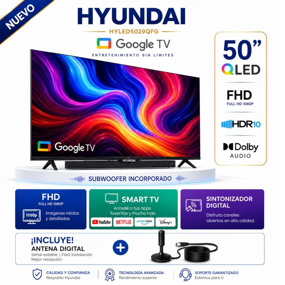 Televisor Hyundai QLED 50 HYLED5029QF Google Tv Full Hd 2025 Mas Antena Digital