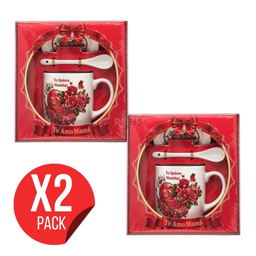 Pack 2 Sets De Regalo Para Día De La Madre Taza Con Plato Y Cuchara Te Amo Mamá Diseño Rojo Cerámica