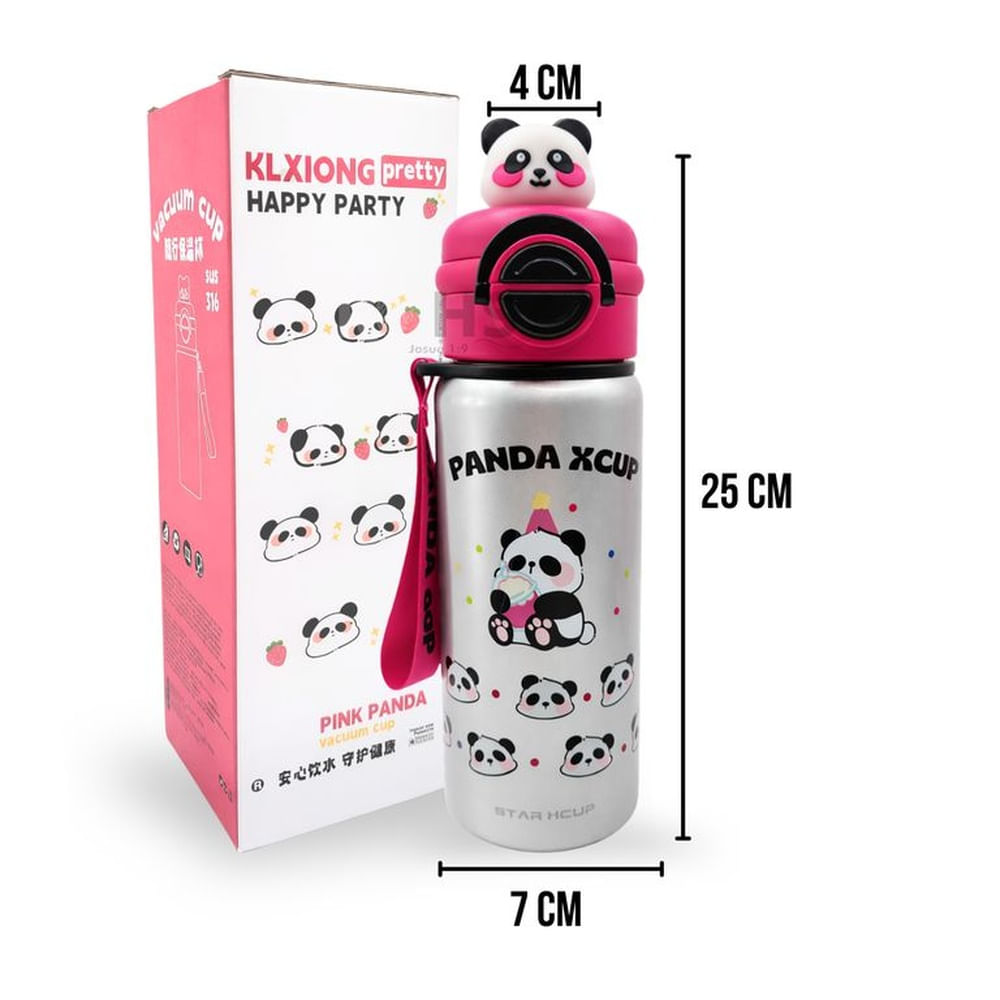 Botella Térmica De Acero Inoxidable Con Sorbete Diseño Panda Gris Con Fucsia 25 Cm